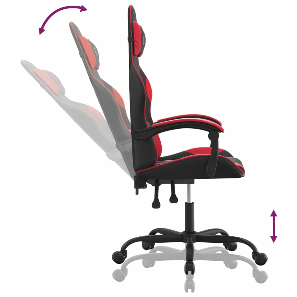 Gaming-Stuhl, Seitenansicht. Schwarzer Stuhl mit roten Akzenten. Pfeile zeigen die Anpassungsmöglichkeiten.