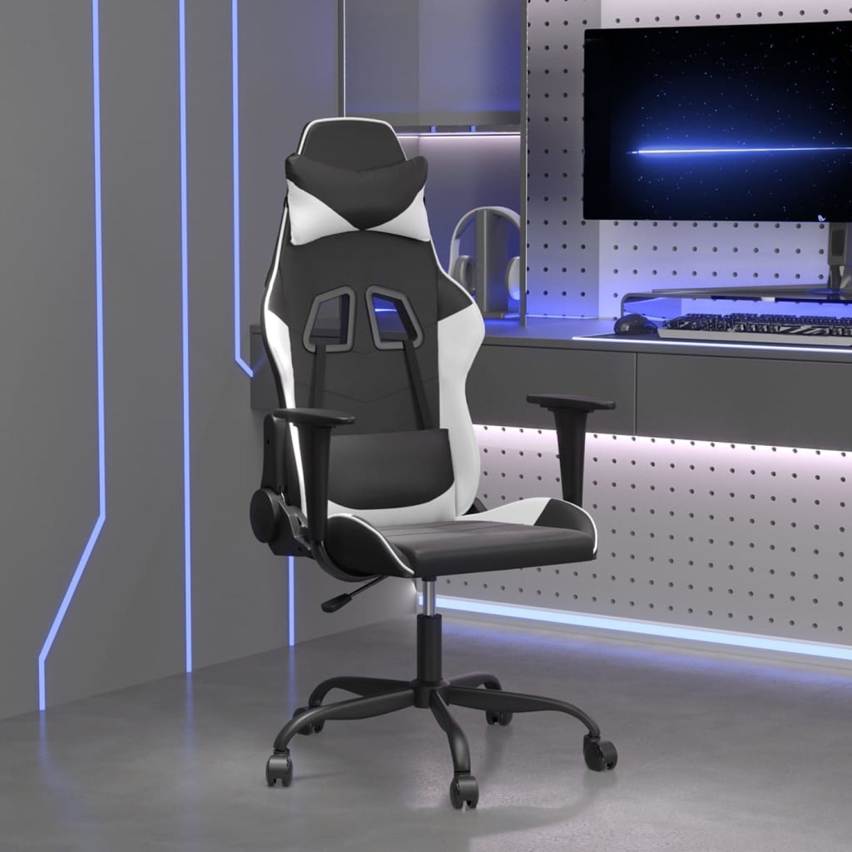 Weißer und schwarzer Gaming-Stuhl in einem Raum mit Neonbeleuchtung und Schreibtisch.
