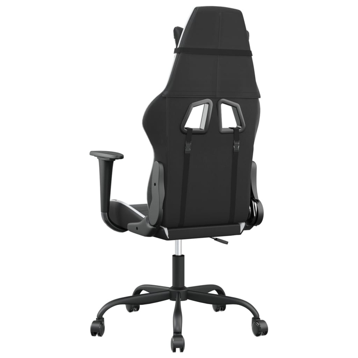 Schwarz-weißer Gaming-Stuhl, Rückansicht. Räder und Armlehnen sind sichtbar.