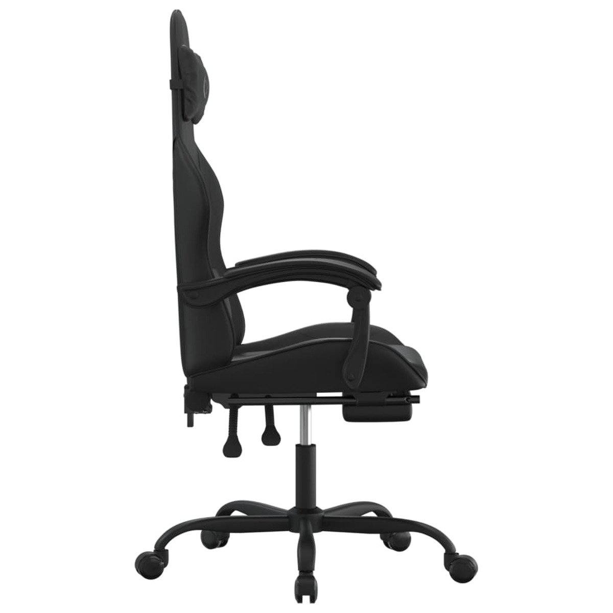 Schwarzer Gaming-Stuhl Seitenansicht. Der Stuhl hat eine hohe Rückenlehne, Armlehnen und ein Rollgestell.