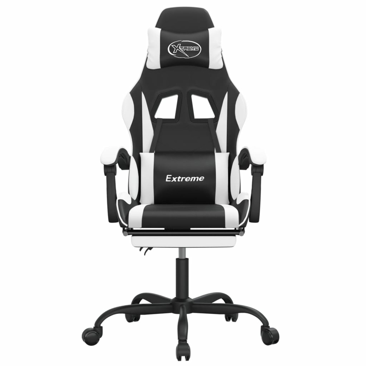 Schwarz-weißer Gaming-Stuhl mit 'Extreme' auf der Rückenlehne. Weißer Hintergrund.