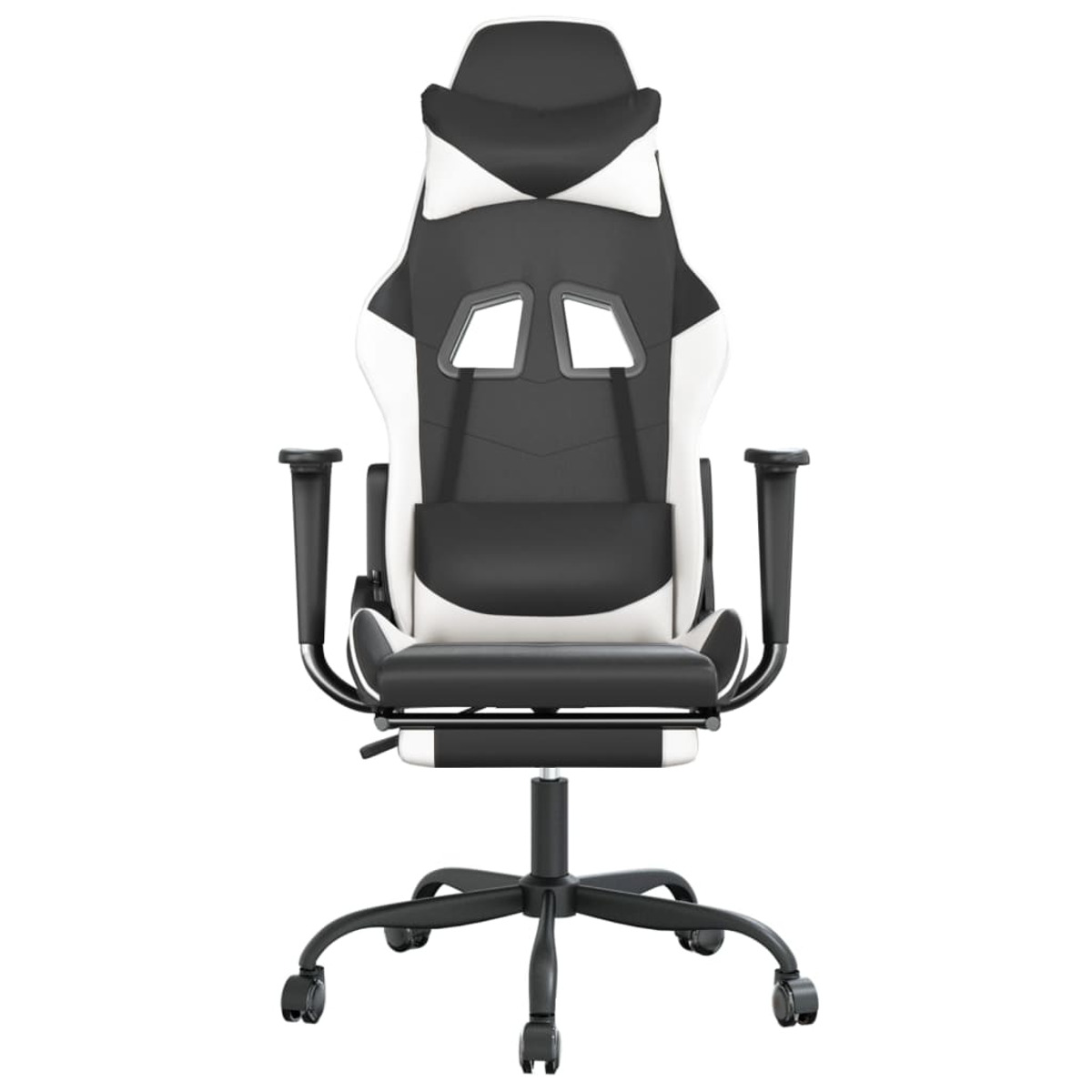 Schwarzer und weißer Gaming-Stuhl. Der Stuhl hat eine hohe Rückenlehne und eine Kopfstütze.