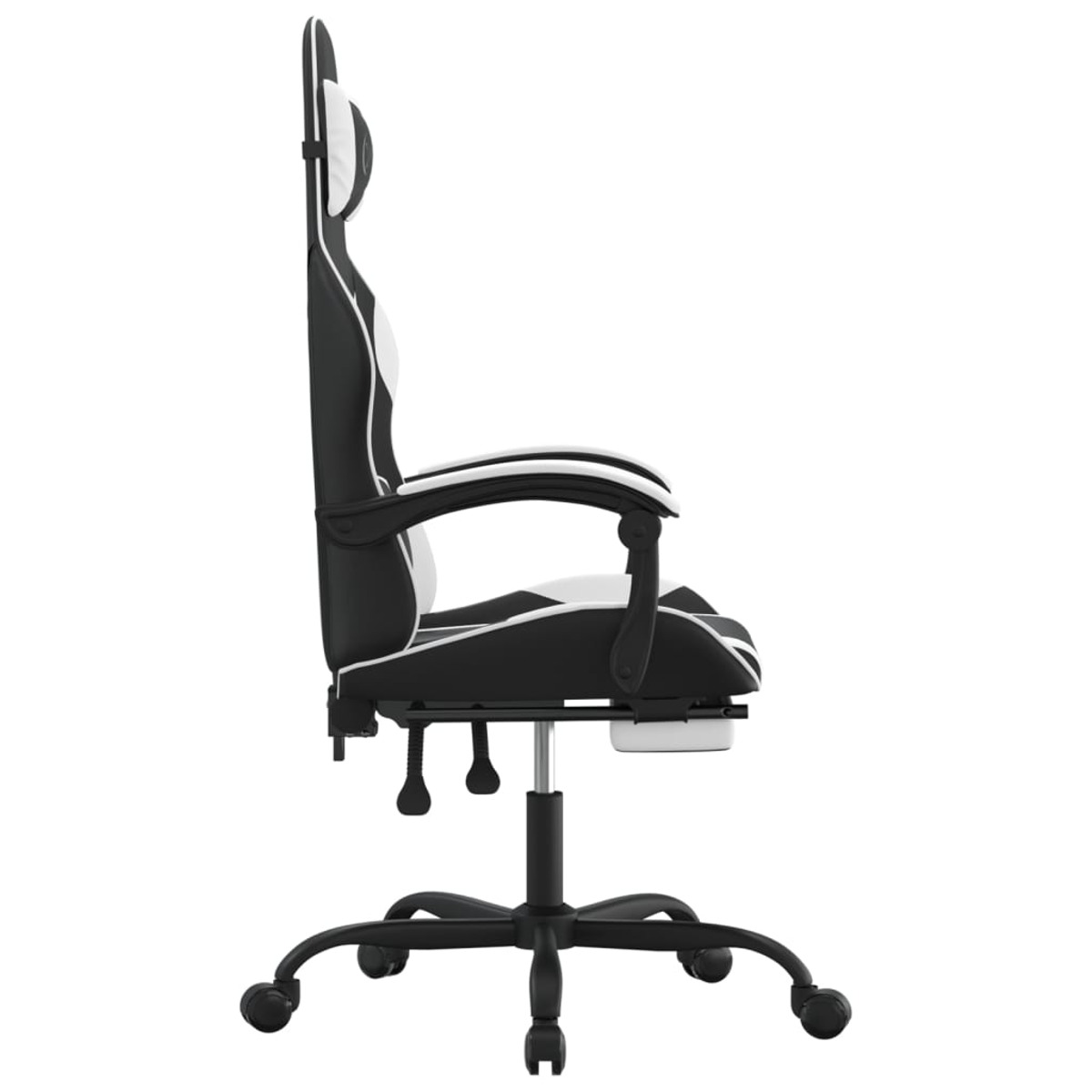 Gaming-Stuhl, schwarz-grünes Design, verstellbare Rückenlehne und Höhe, weißer Hintergrund.