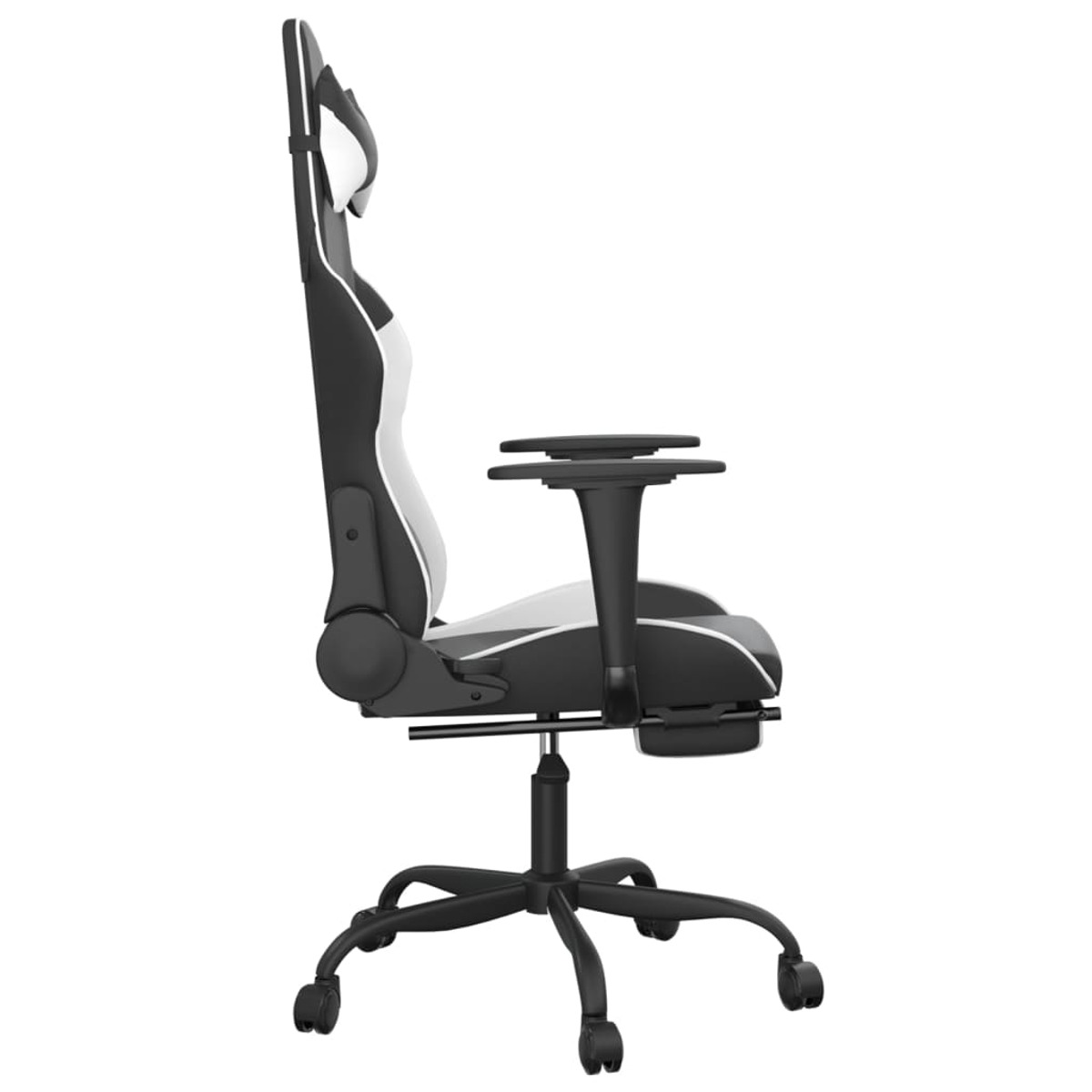 Schwarz-weißer Gaming-Stuhl, Seitenansicht, auf weißem Hintergrund.