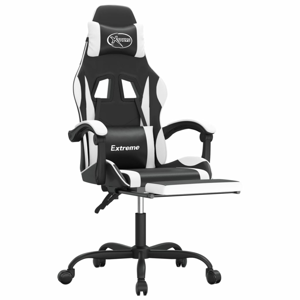 Schwarz-weißer Gaming-Stuhl mit Fußstütze und dem Wort "Extreme".