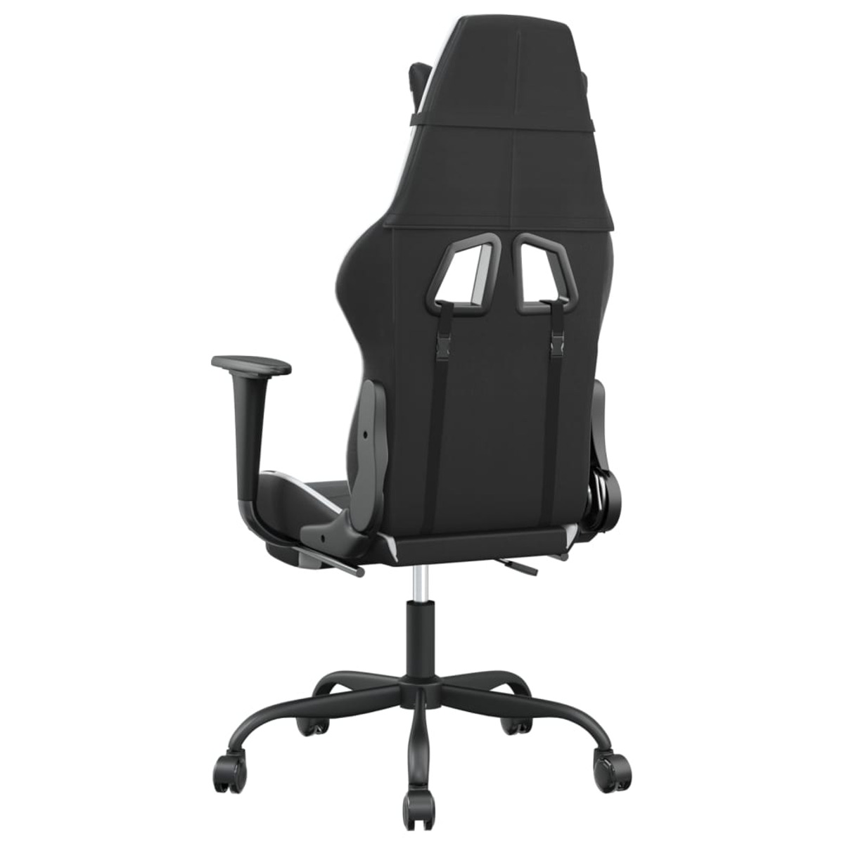 Schwarz-weißer Gaming-Stuhl. Rückansicht. Schwarzer Sitz, Rücken mit weißen Akzenten. Weißer Hintergrund.
