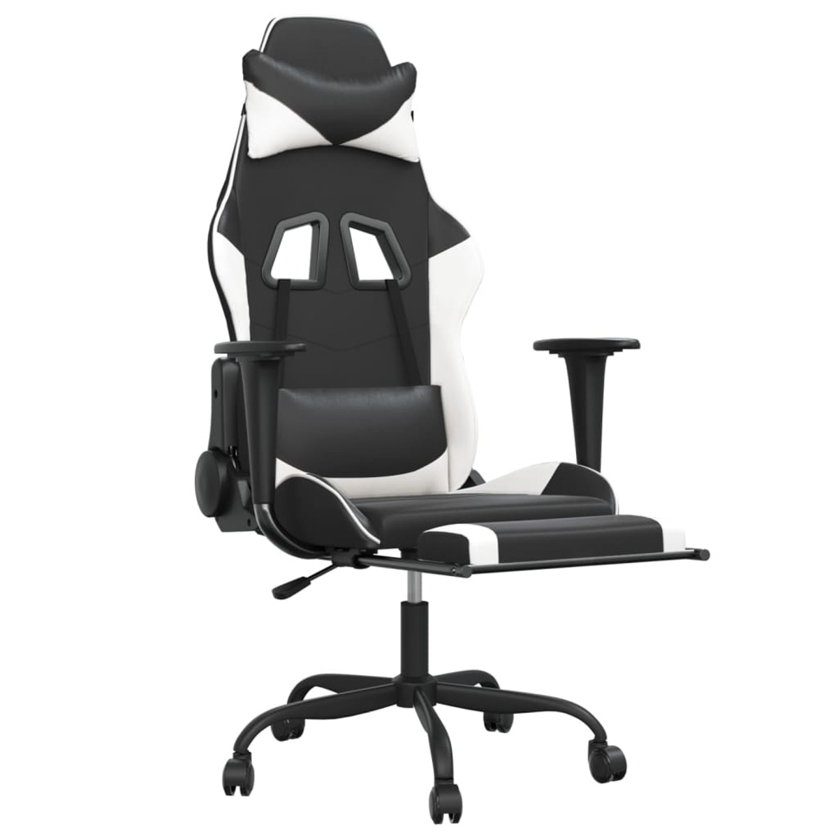 Ein Gaming-Stuhl mit schwarzen, weißen und grauen Elementen, Armlehnen und Fußstütze.