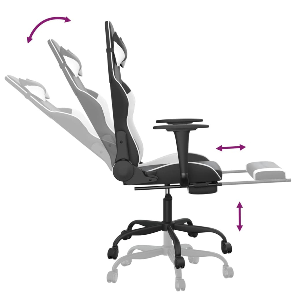 Gaming-Stuhl, Seitenansicht mit Verstellbarkeit, mit schwarz-weißem Design.