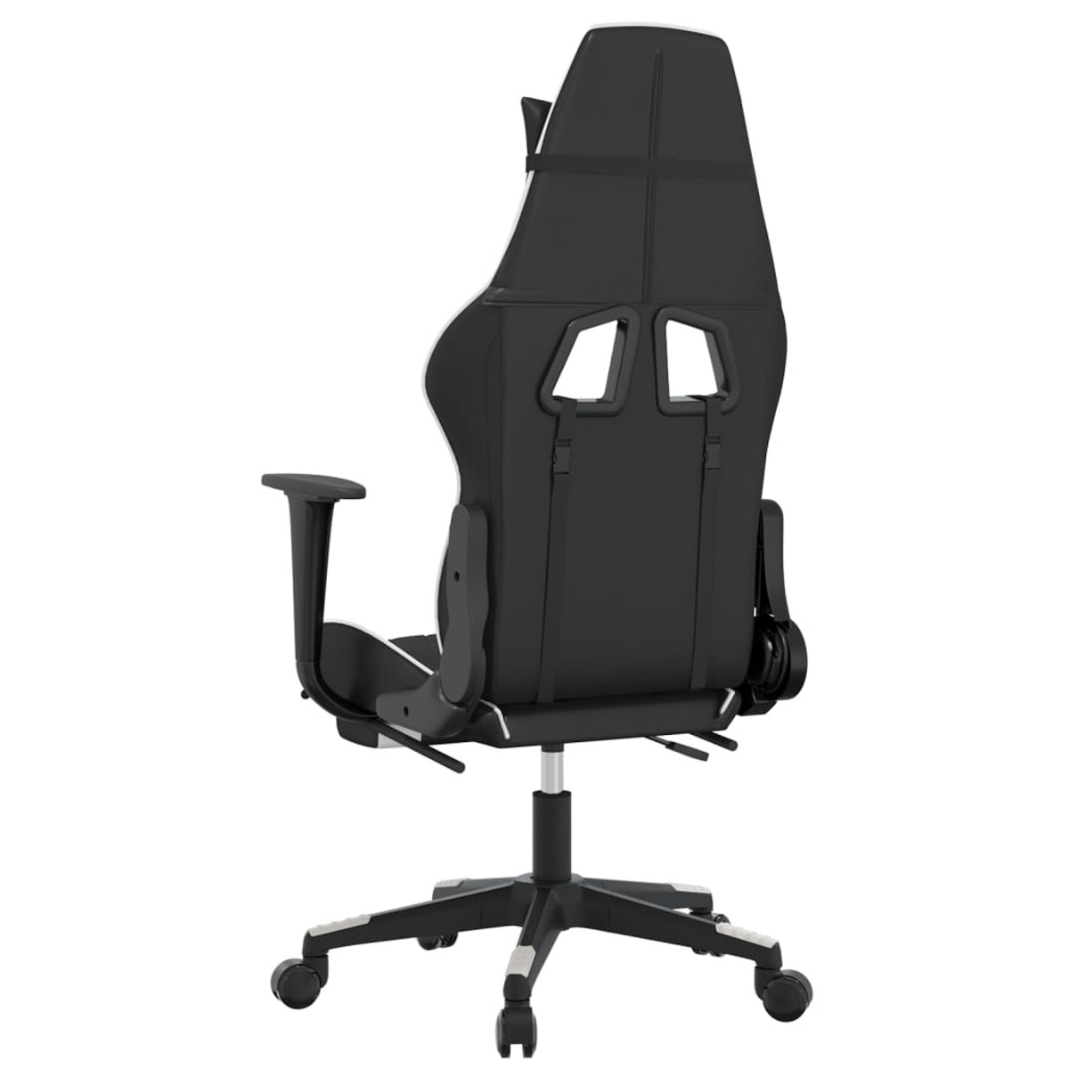 Gaming-Stuhl-Rückansicht, schwarz mit weißen Akzenten. Zeigt Rückenlehne und Armlehnen.