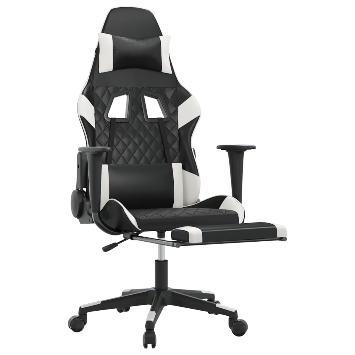 Ein schwarz-weißer Gaming-Stuhl mit Kopfstütze, Lendenwirbelstütze, Armlehnen und Fußstütze.