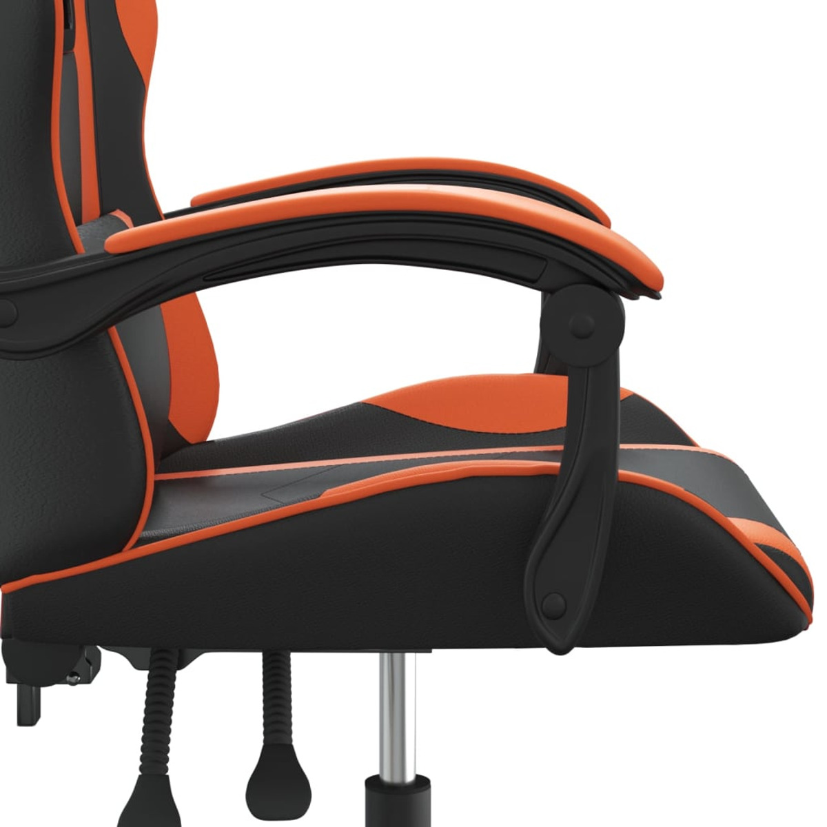 Nahaufnahme einer orangefarbenen und schwarzen Gaming-Stuhl-Armlehne. Weißer Hintergrund.