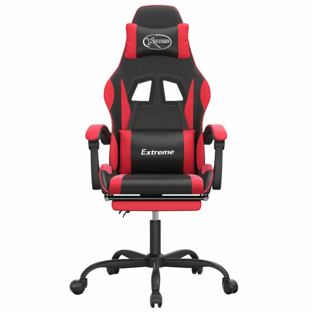 Roter und schwarzer Gaming-Stuhl mit 'Xtreme'-Logo. Mit Kopfstütze, Rückenlehne, Armlehnen und Beinauflage.