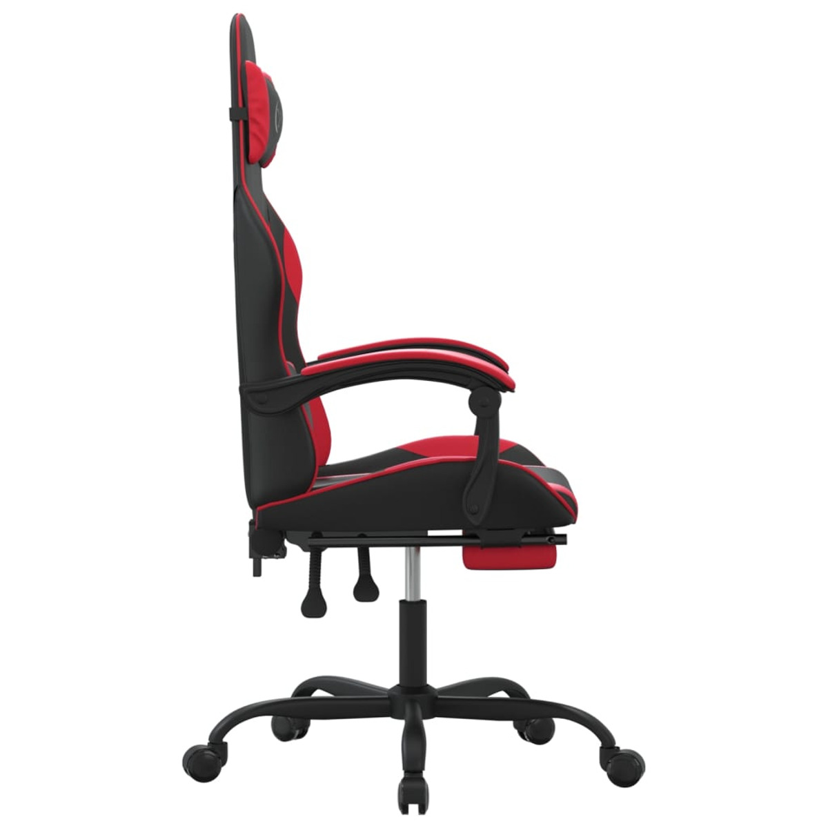 Roter und schwarzer Gaming-Stuhl von der Seite, auf weißem Hintergrund.