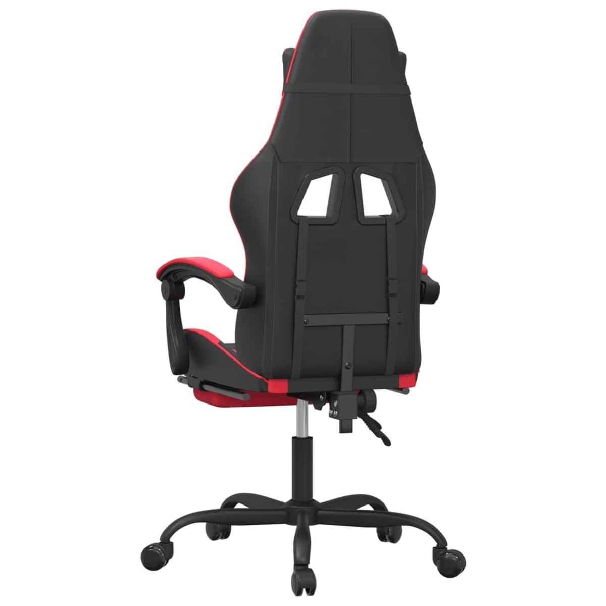 Rückansicht eines rot-schwarzen Gaming-Stuhls. Der Stuhl steht auf einem schwarzen Sockel.