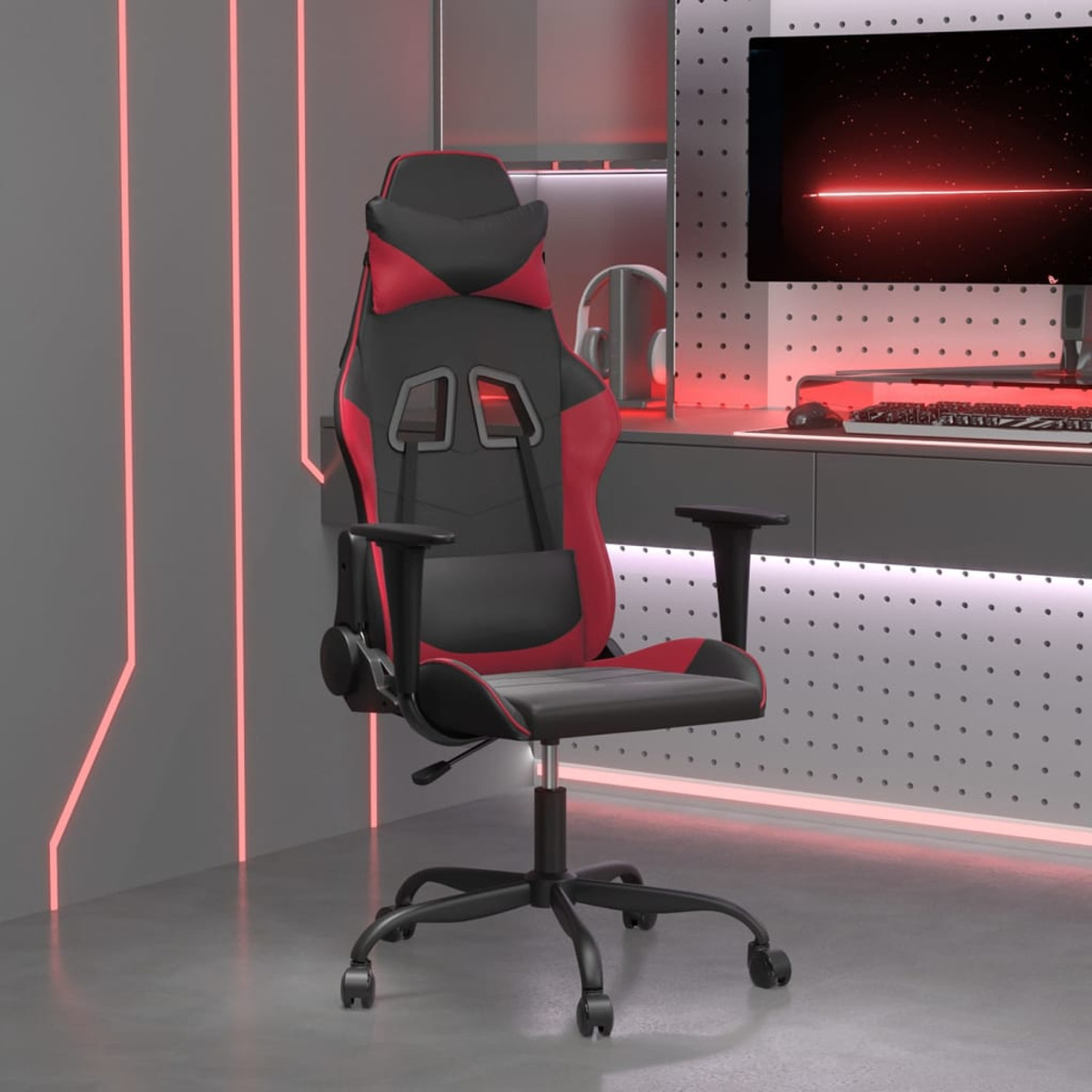 Gaming-Stuhl in einem Gaming-Raum mit Computer. Rot-schwarzer Stuhl.