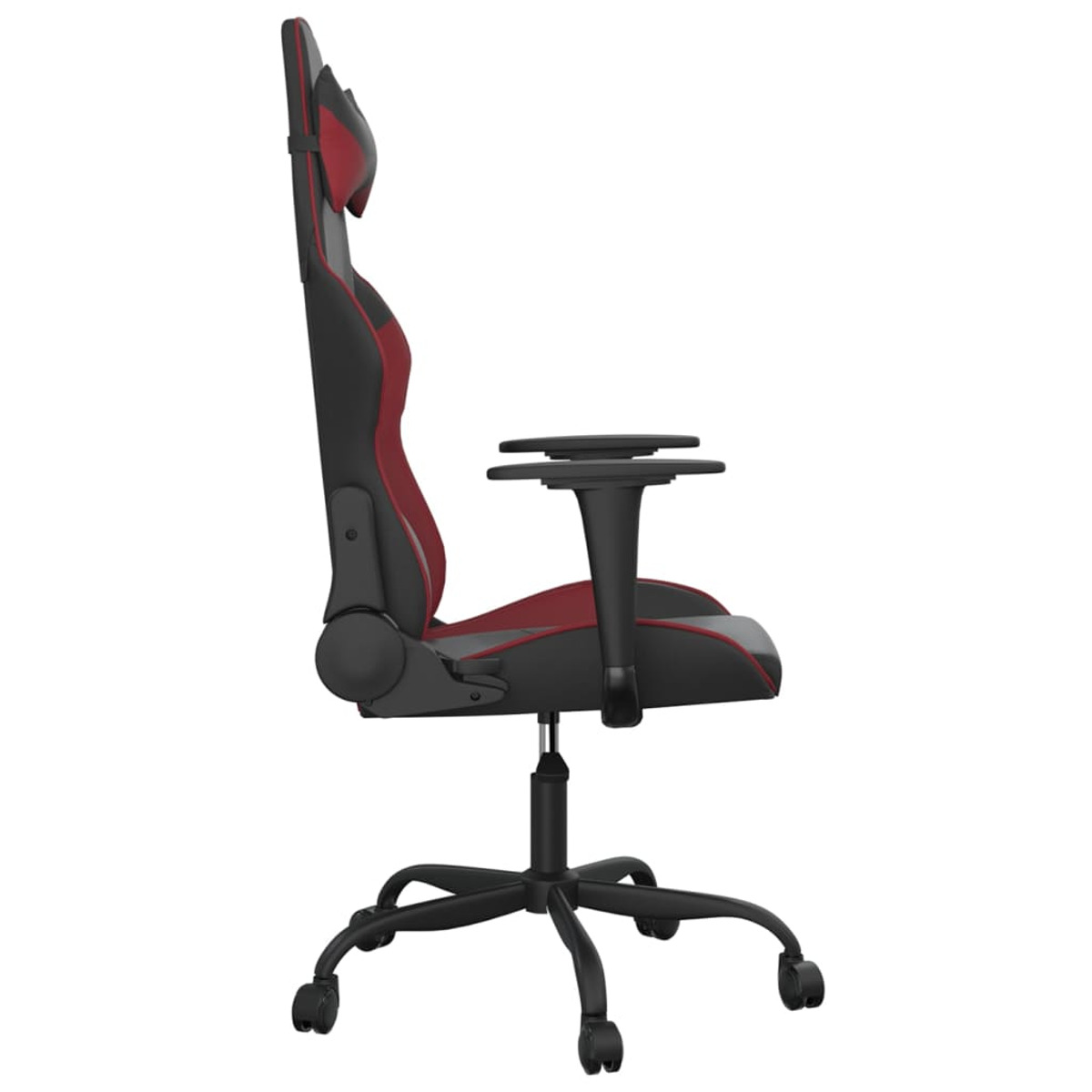Gaming-Stuhl Seitenansicht, rot-schwarzes Design. Schwarze Basis, rote Akzente.