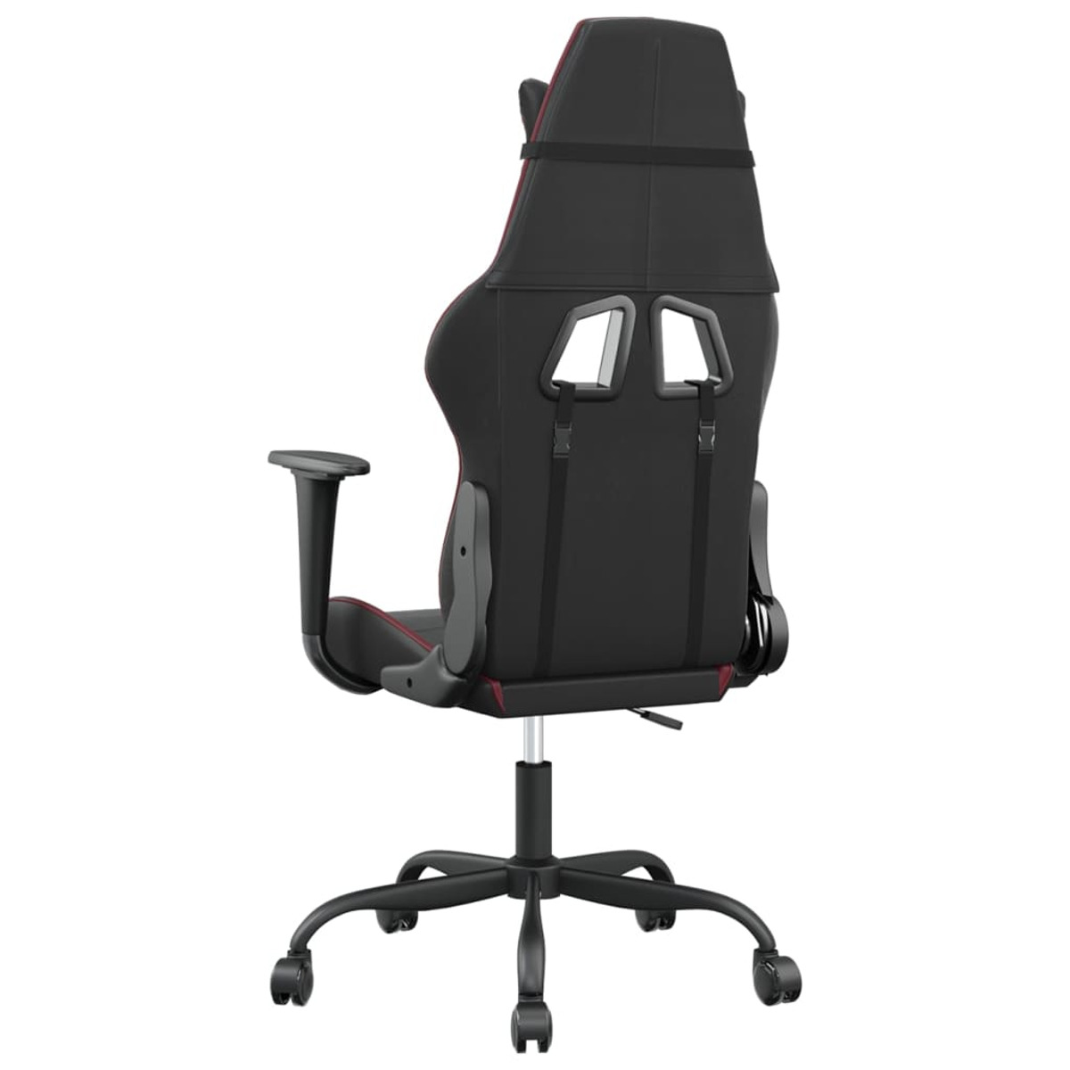 Rückansicht eines schwarzen Gaming-Stuhls mit roter Zierleiste. Er hat eine Kopfstütze und eine Fünf-Rad-Basis.