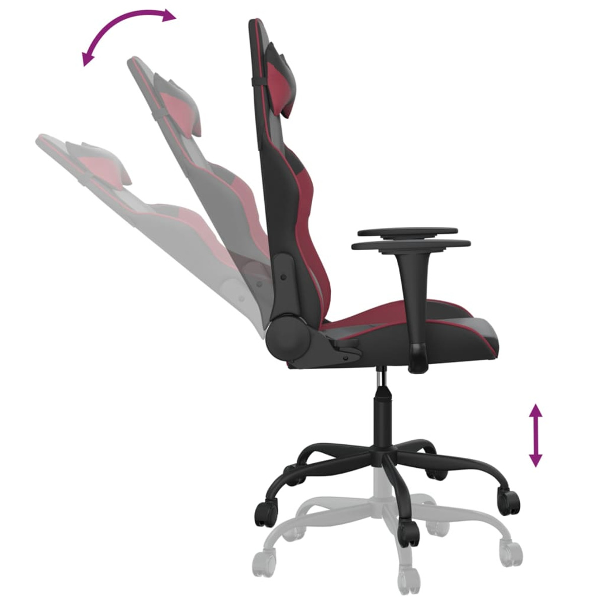 Schwarzer und roter Gaming-Stuhl, Seitenansicht. Pfeile zeigen verstellbare Rückenlehne und Armlehnen.