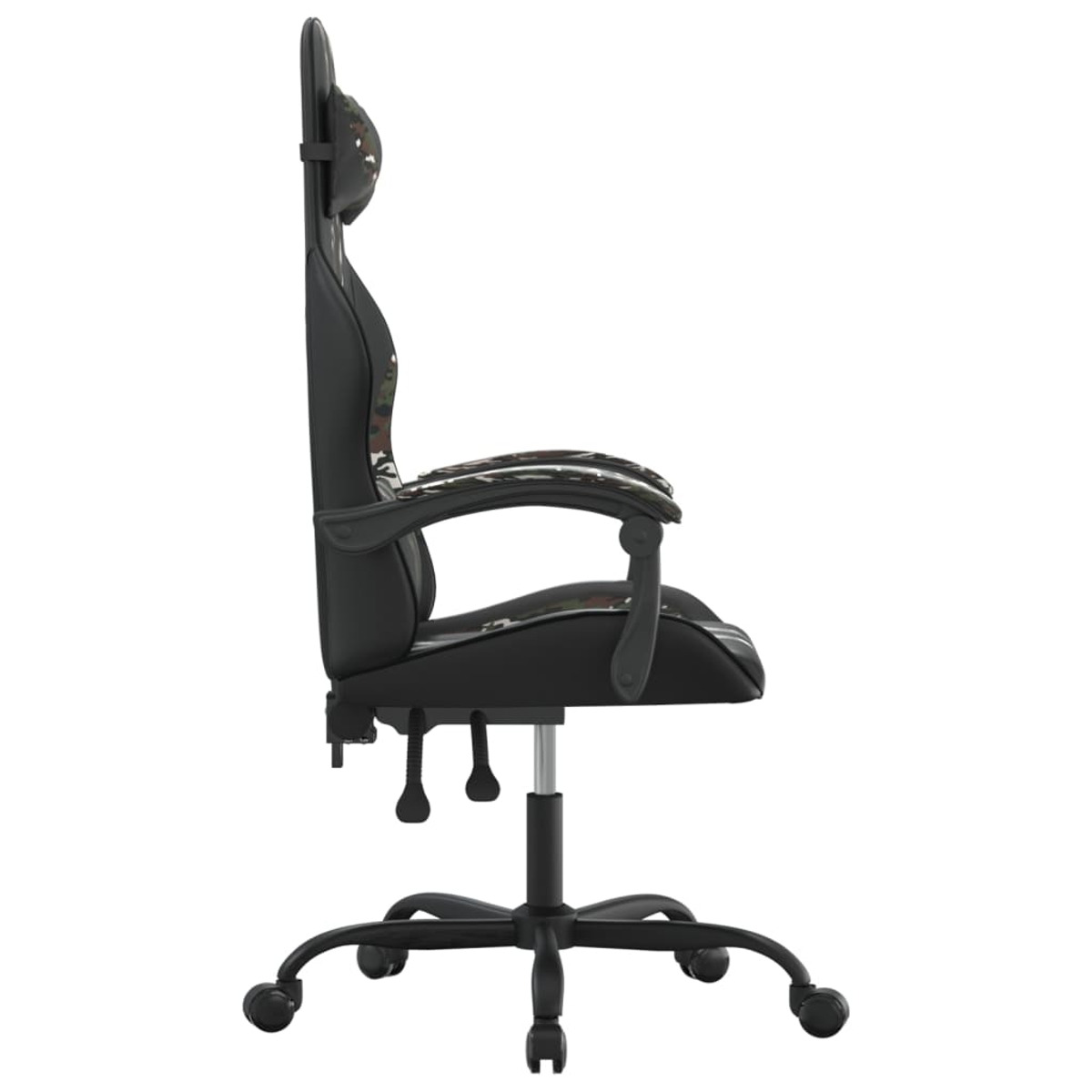 Gaming-Stuhl-Seitenansicht, schwarz mit Camo-Muster, Kopfstütze und Rollen.