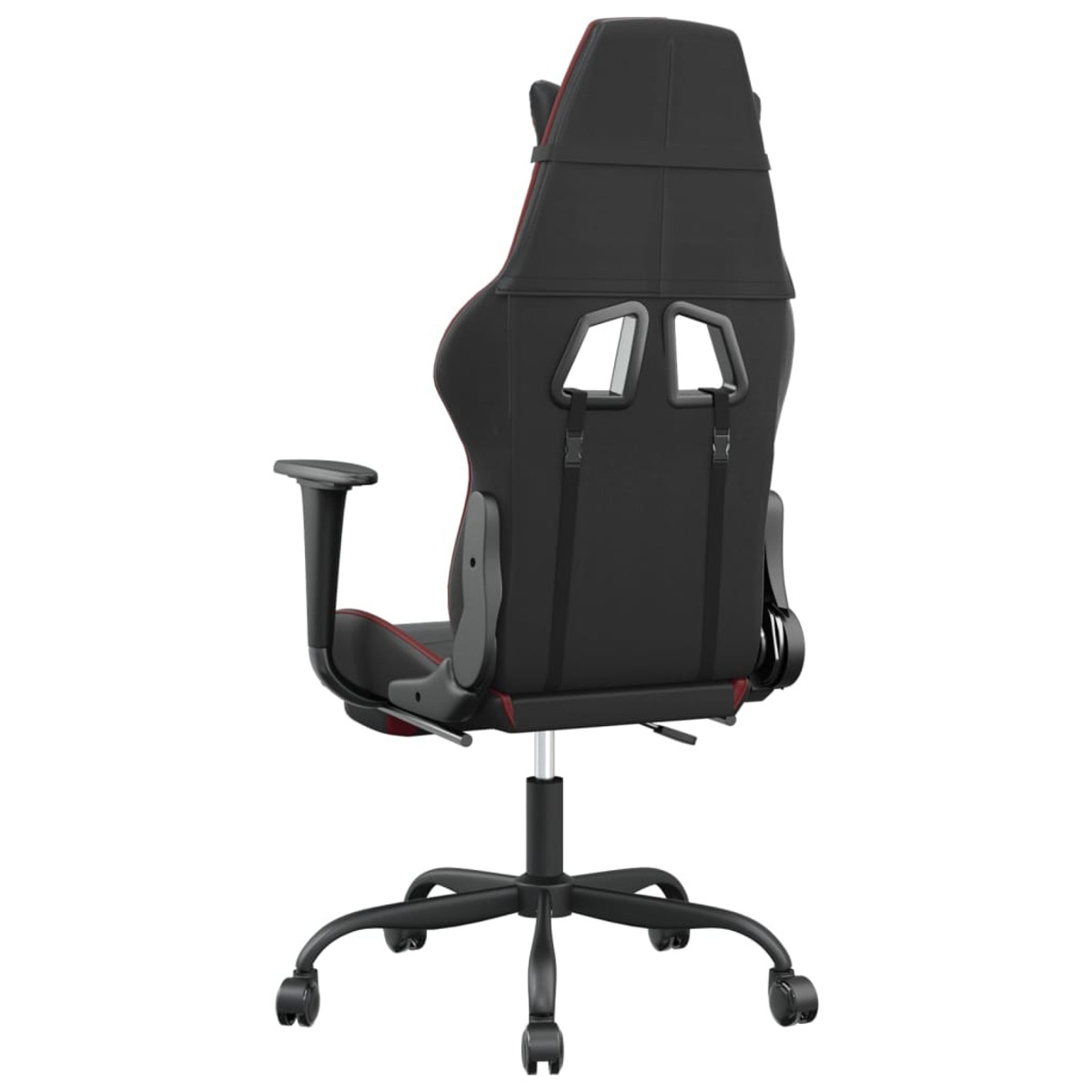 Schwarzer Gaming-Stuhl, Rückansicht. Roter Besatz, schwarzer Rücken, Armlehnen und Radbasis. Weißer Hintergrund.