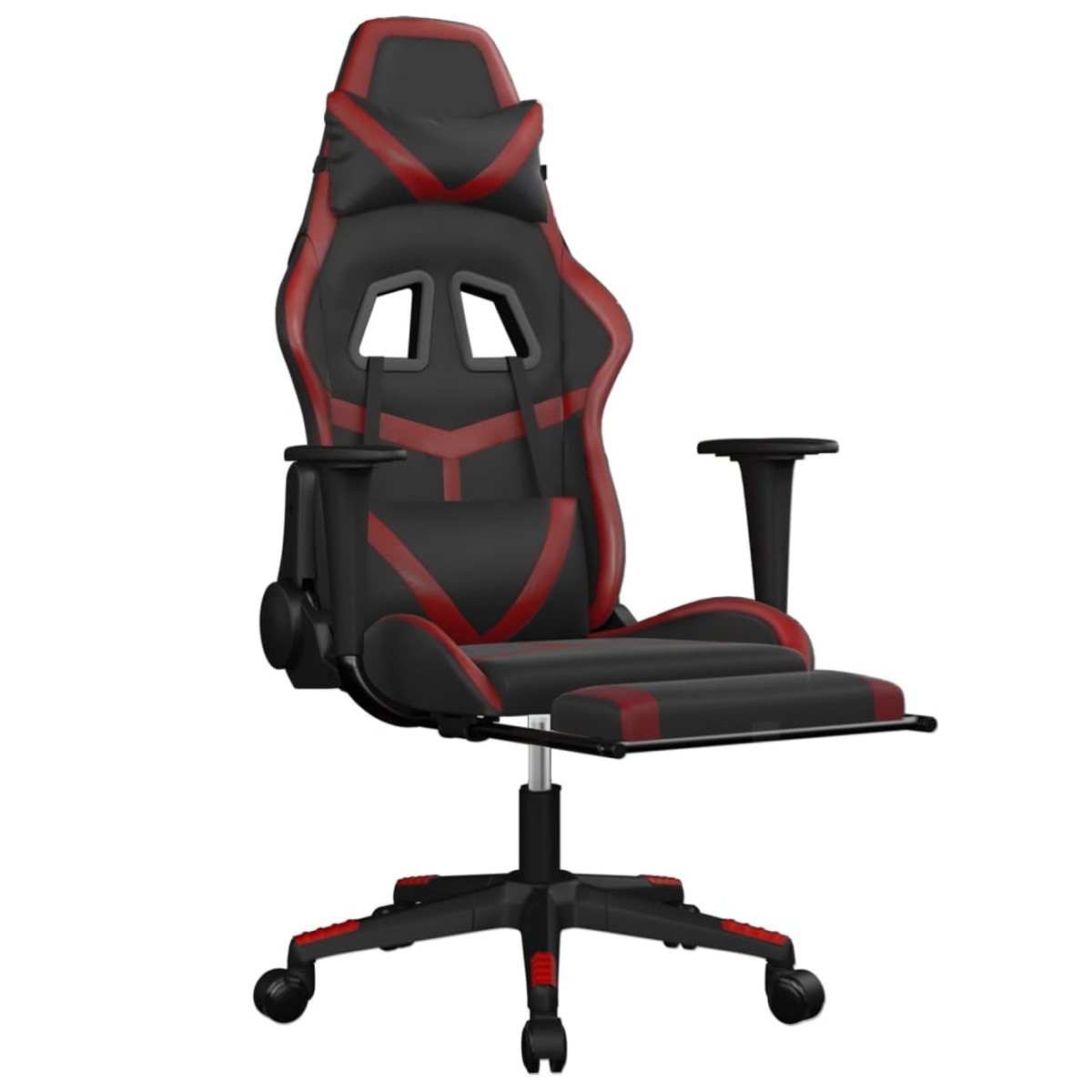 Schwarz-roter Gaming-Stuhl mit ausgeklappter Fußstütze. Schwarze Basis und Armlehnen.