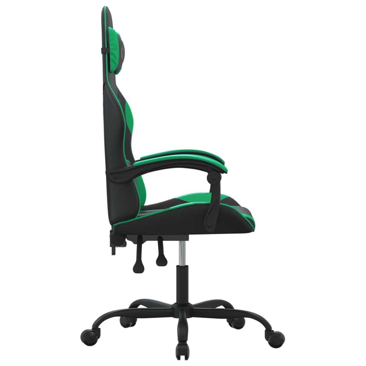 Seitenansicht eines schwarz-grünen Gaming-Stuhls auf weißem Hintergrund.