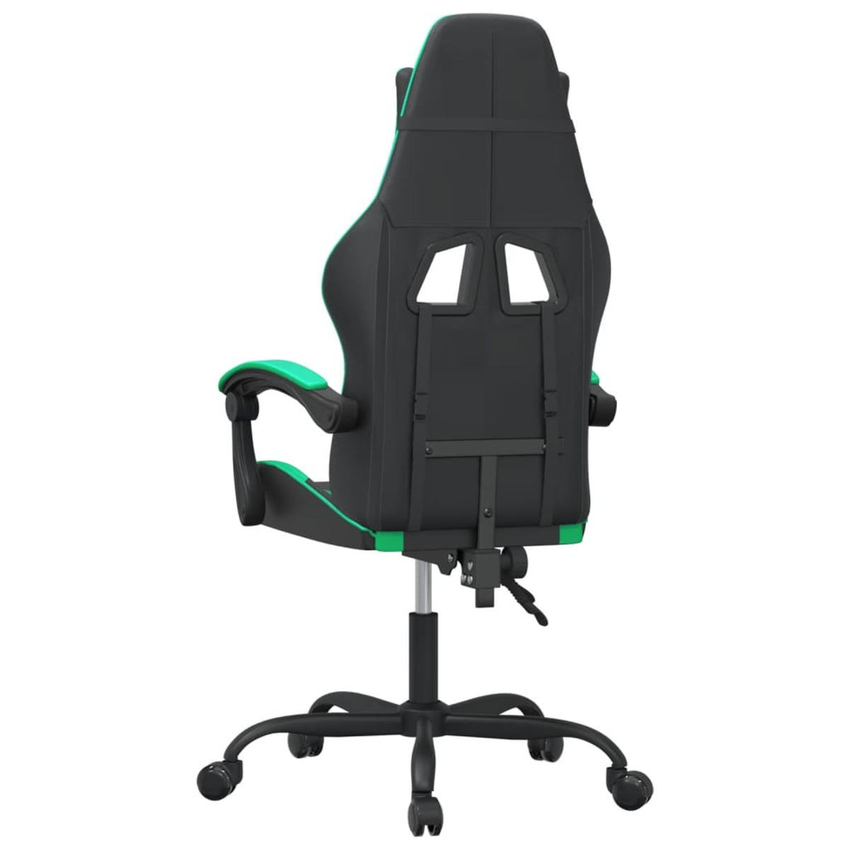 Gaming-Stuhl, Rückansicht, schwarzes Design mit grünen Akzenten, sichtbarer Rücken. Weißer Hintergrund.