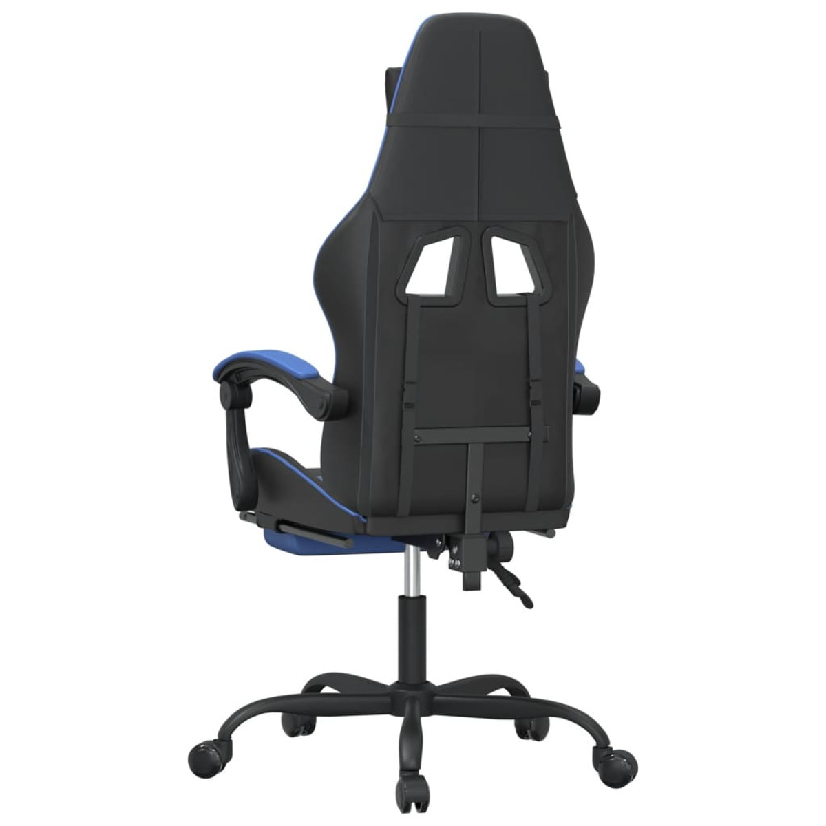 Rückansicht eines schwarz-blauen Gaming-Stuhls. Der Stuhl hat einen hohen Rücken und eine Fünf-Rad-Basis.