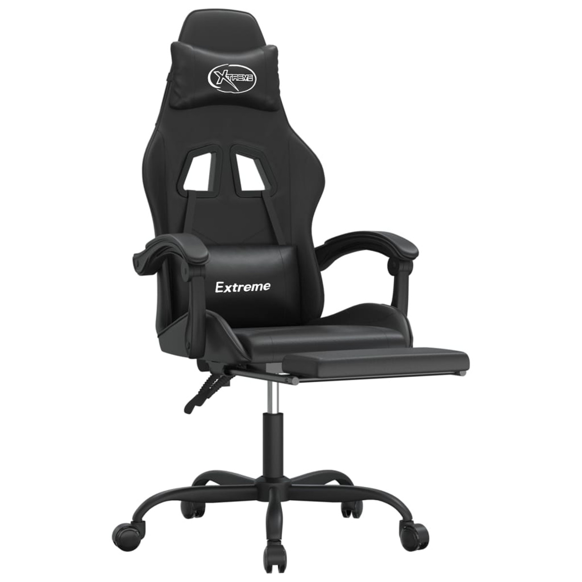 Schwarzer Gaming-Stuhl mit Fußstütze. Es hat das Wort "Extreme" aufgedruckt. Der Stuhl steht auf Rädern.