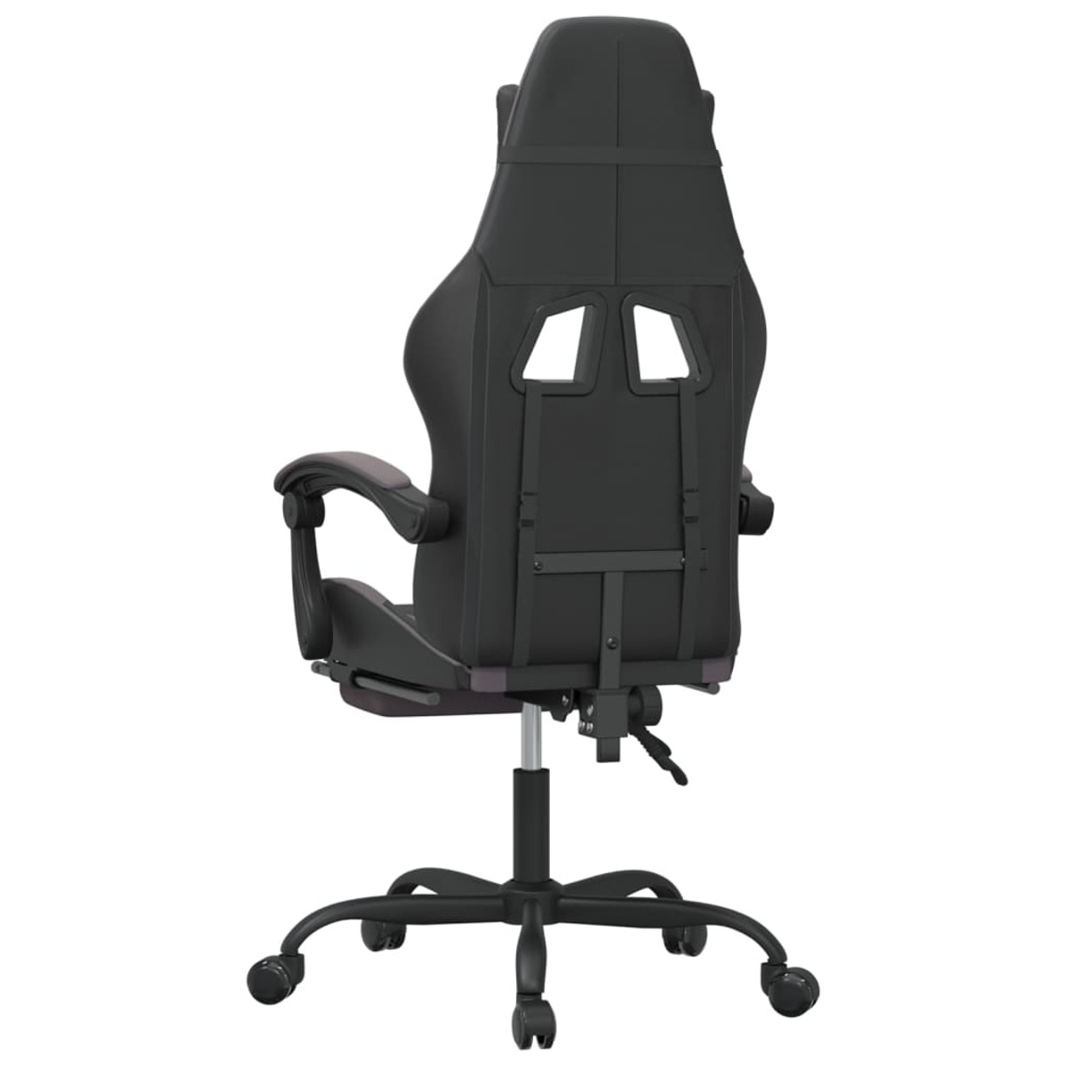 Rückansicht eines schwarzen Gaming-Stuhls mit schwarzem Sockel auf weißem Hintergrund.