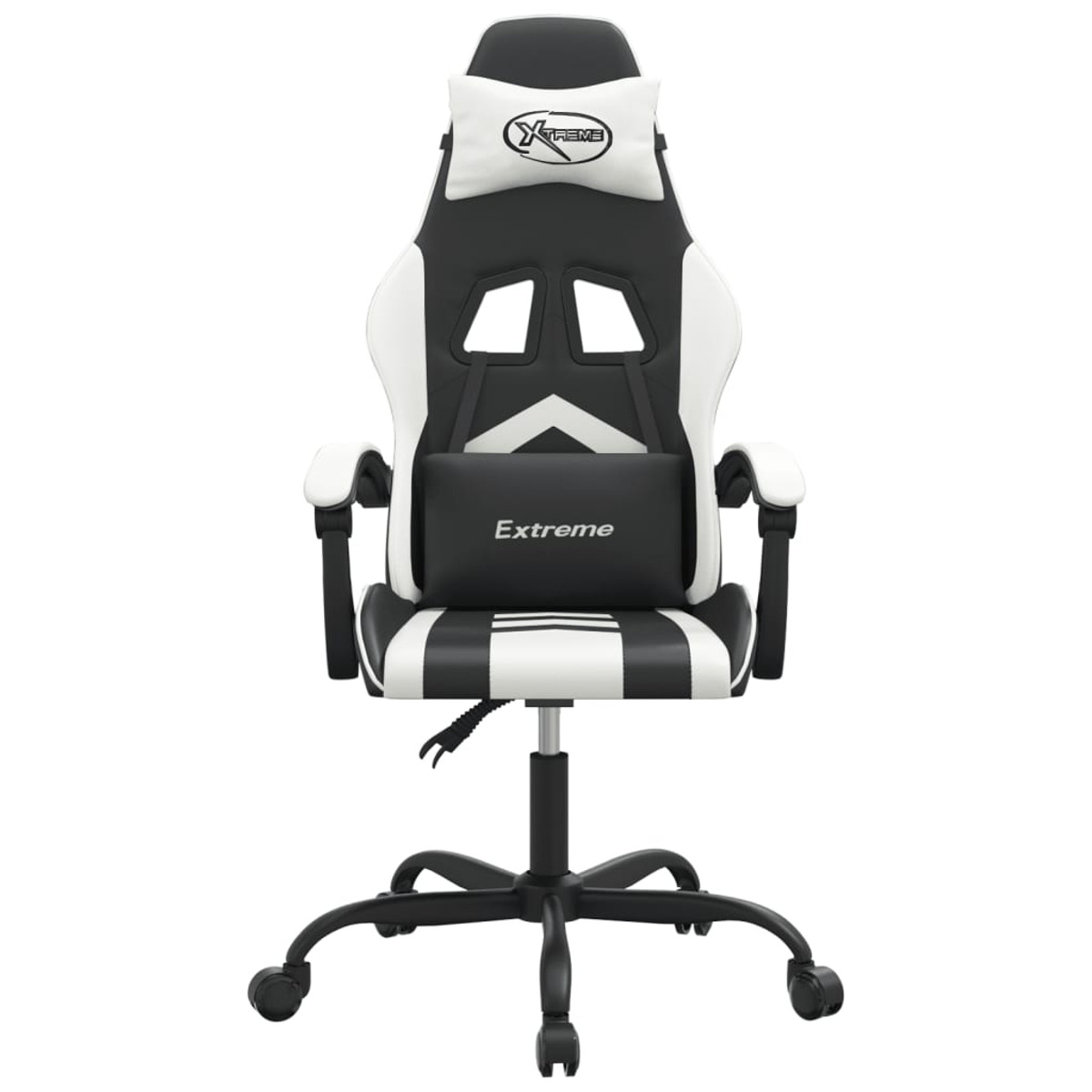 Gaming-Stuhl, Frontansicht. Schwarz und weiß mit Logos. Weißer Hintergrund. Extreme Logo auf Kopfstütze.