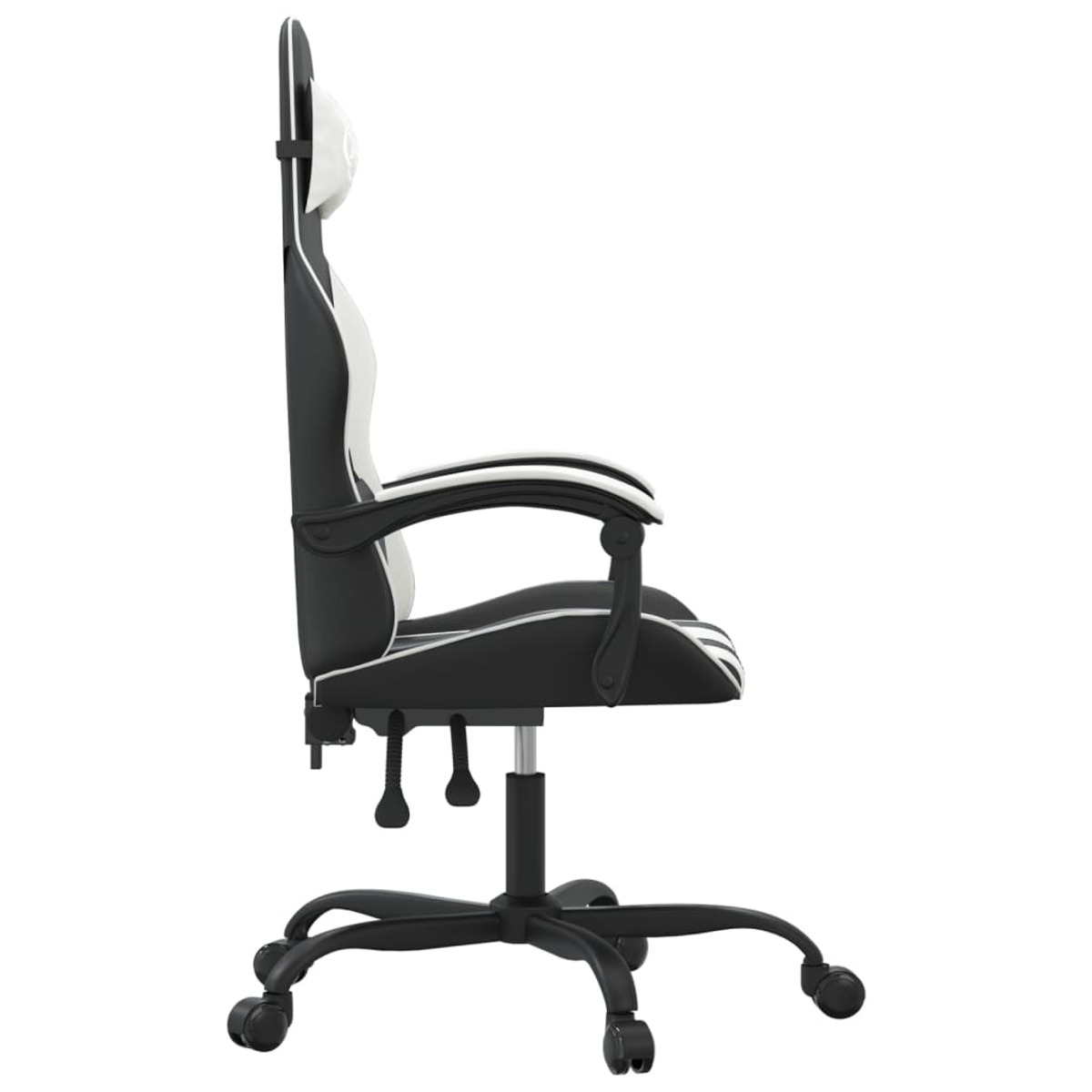 Weiß-schwarzer Gaming-Stuhl, Seitenansicht, mit schwarzem Sockel und Armlehnen, weißer Hintergrund.