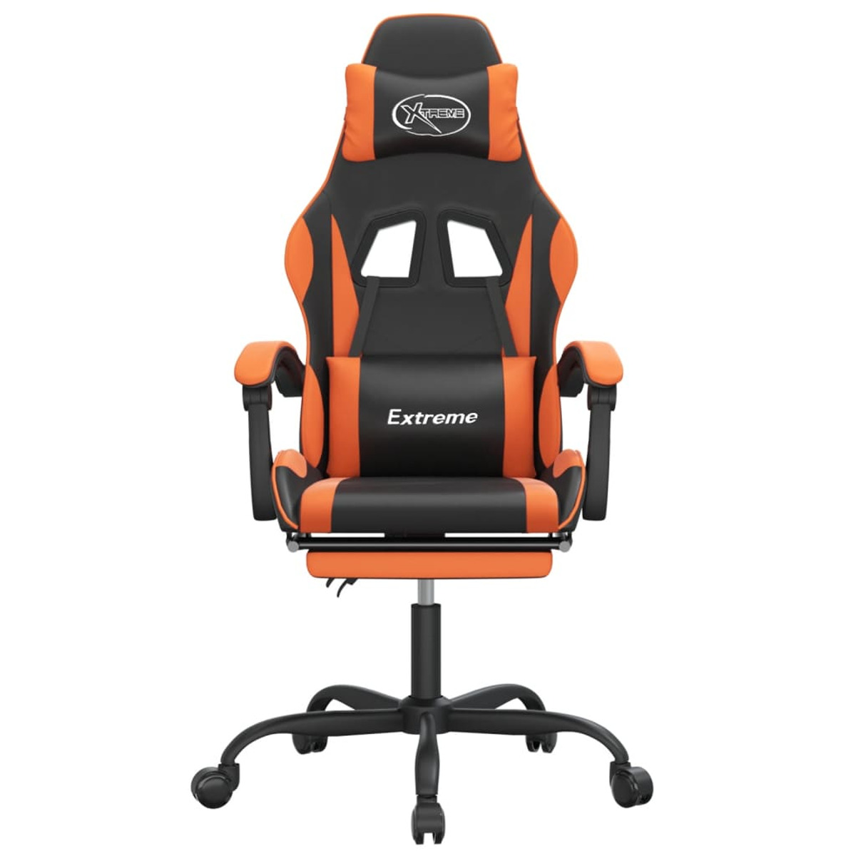 Ein orangefarbener und schwarzer Gaming-Stuhl mit "Extreme" auf Kopfstütze und Kissen, schwarzem Fuß und Rädern.