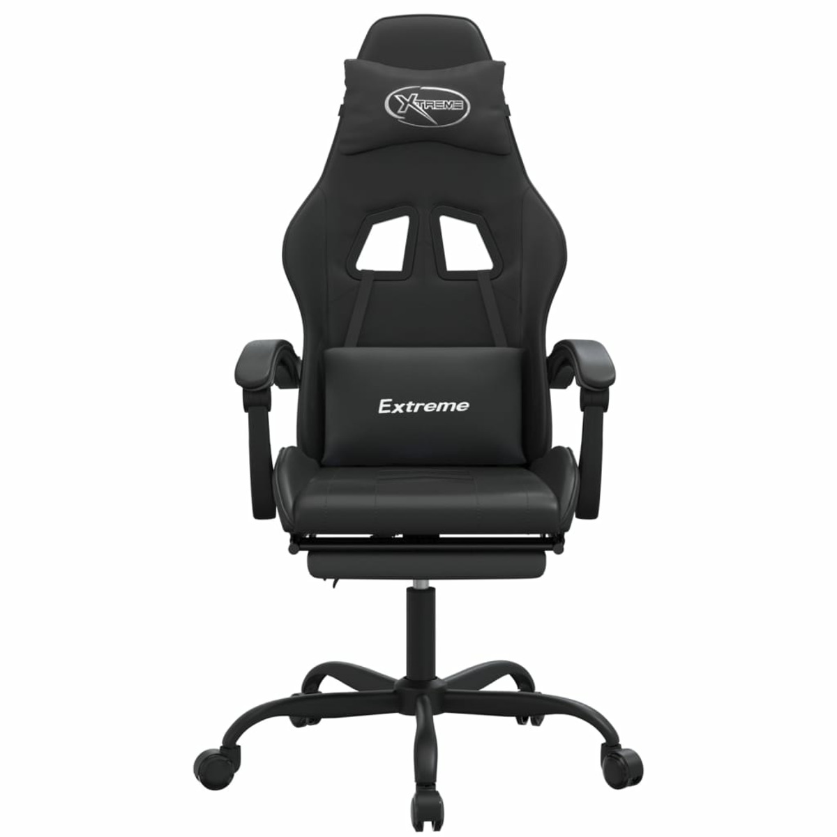 Schwarzer Gaming-Stuhl mit 'Xtreme'- und 'Extreme'-Logos, mit Fußstütze und schwarzem Sockel.