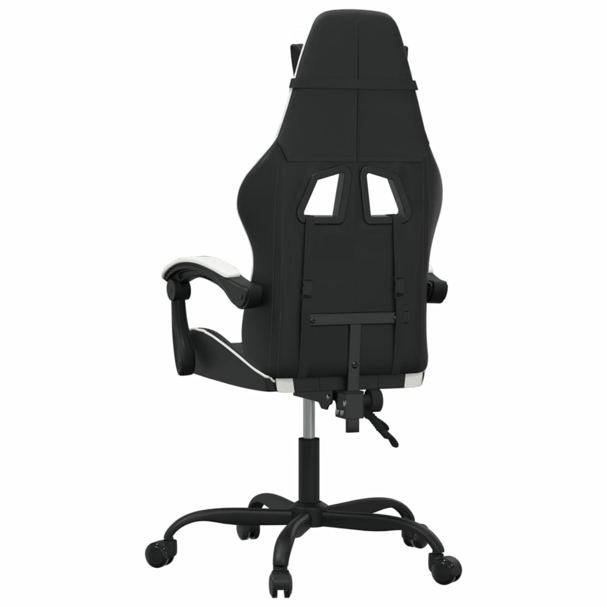 Rückansicht eines schwarz-weißen Gaming-Stuhls. Mit Öffnungen, die Rückseite ist weiß.
