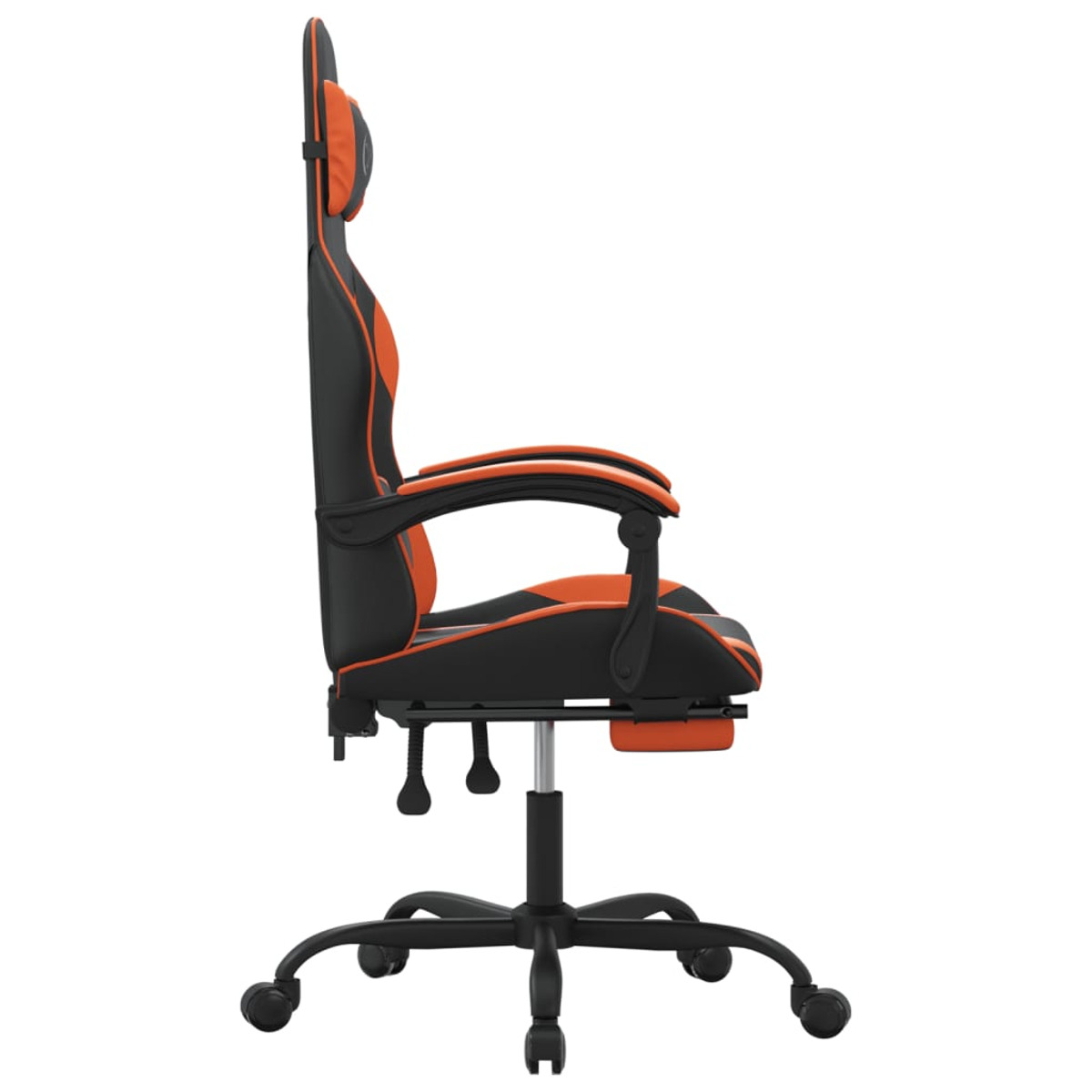 Seitenansicht eines schwarz-orangenen Gaming-Stuhls, weißer Hintergrund.