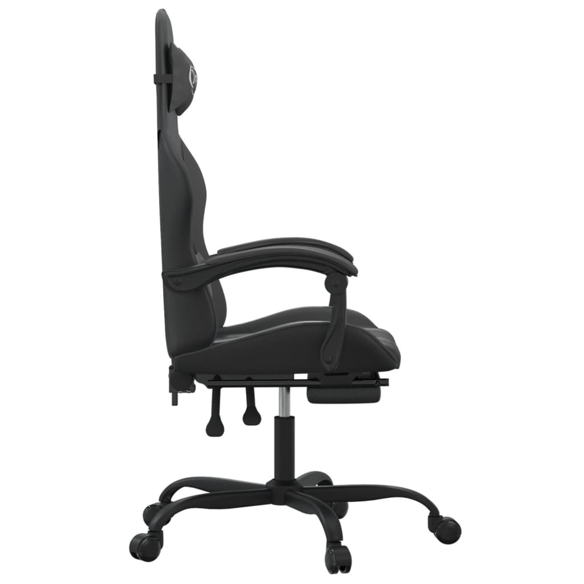 Gaming-Stuhl, Seitenansicht, schwarz, zeigt Armlehne und Gesamtform.