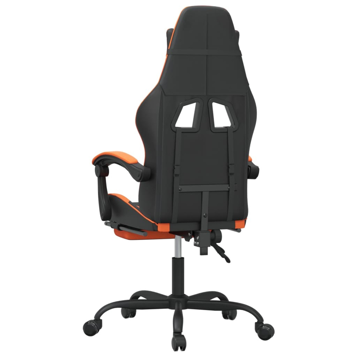 Schwarzer Gaming-Stuhl mit orangefarbenen Verzierungen, Rückansicht. Orangefarbene Akzente und Kopfstütze.