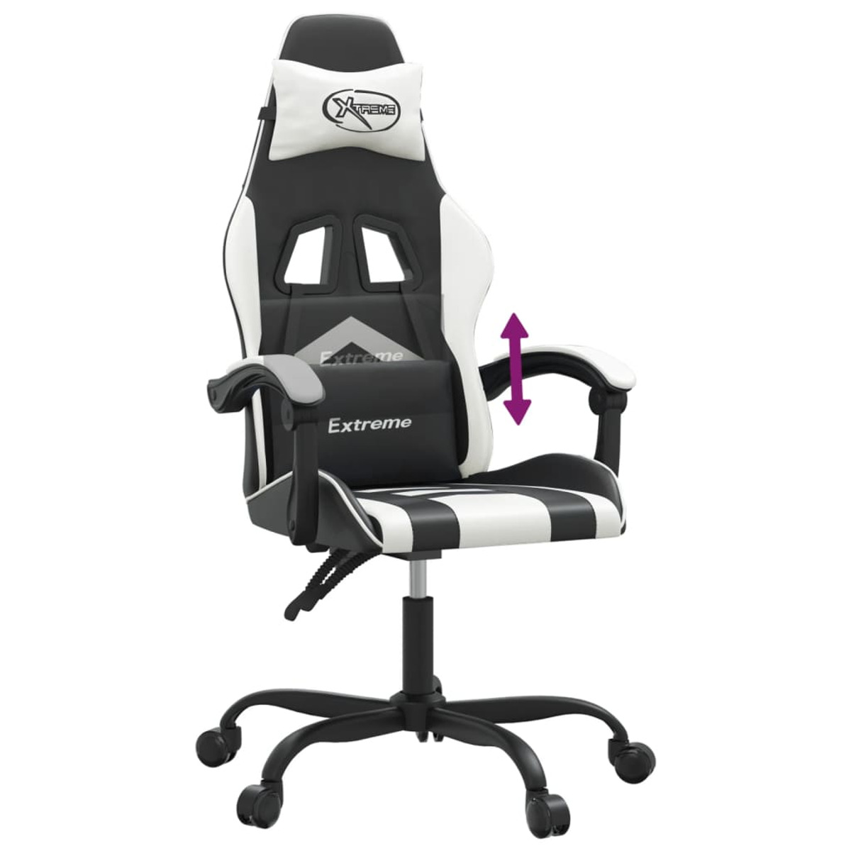 Ein schwarz-weißer Gaming-Stuhl. Er hat eine Kopfstütze, Armlehnen und Räder. Ein Pfeil zeigt die Höhenverstellung.