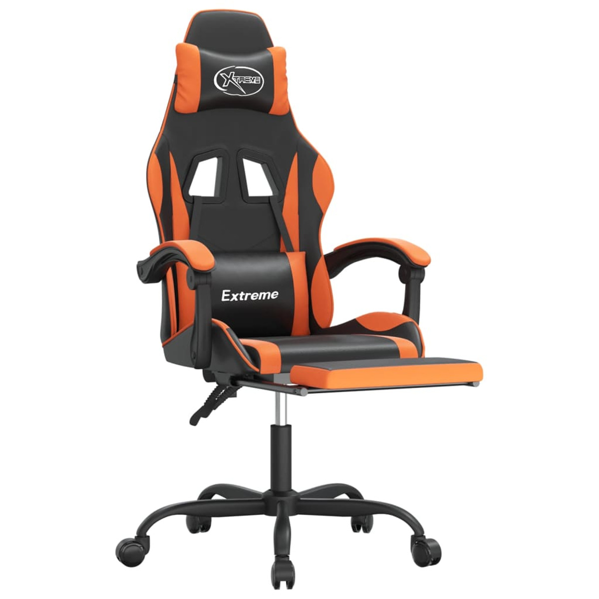 Schwarz-oranger Gaming-Stuhl mit Kopfstütze, Rückenlehne, Armlehnen und Fußstütze.