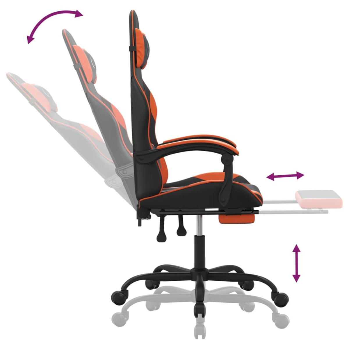 Gaming-Stuhl, schwarz und orange mit verstellbaren Teilen. Pfeile zeigen Verstellbarkeit. Weißer Hintergrund.