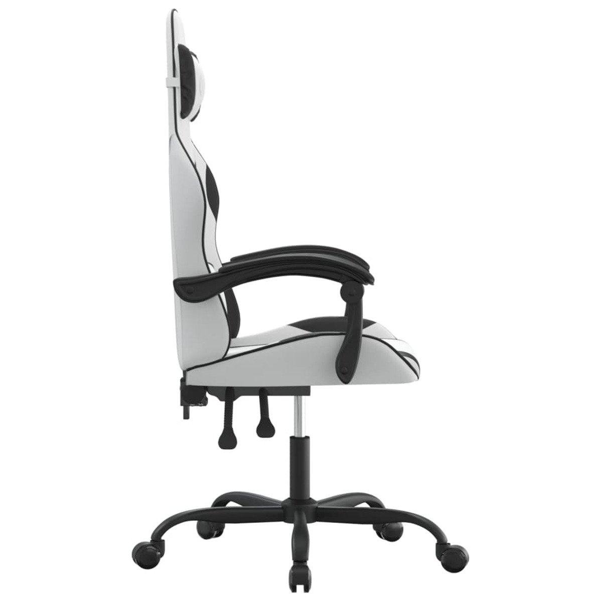 Seitenansicht eines weißen Gaming-Stuhls mit schwarzen Akzenten, schwarzem Sockel und Rädern.