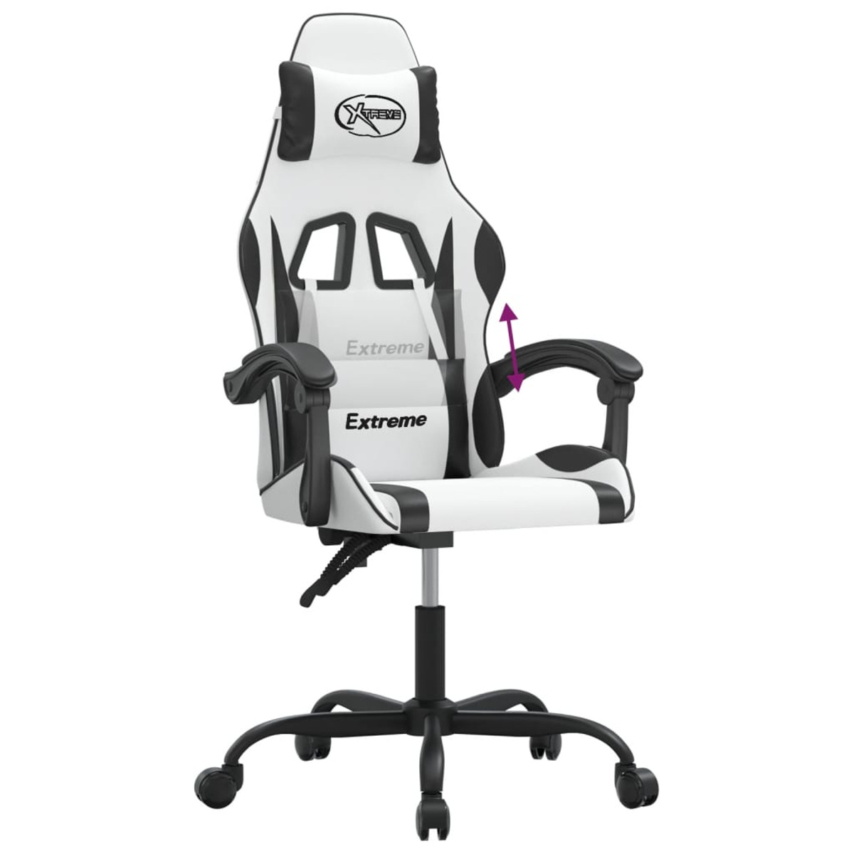 Weißer und schwarzer Gaming-Stuhl. Mit Kopfstütze, Rückenlehne, Armlehnen und Rollen. Text 'Extreme'.