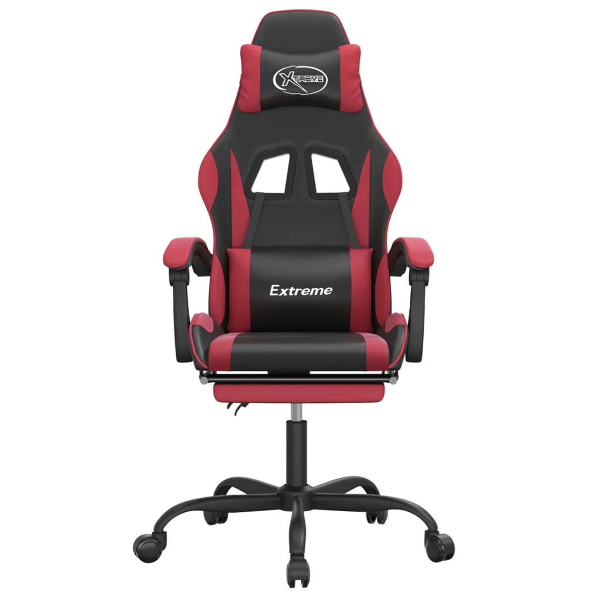 Rot-schwarzer Gaming-Stuhl mit Computer-Setup, Frontansicht mit Neonbeleuchtung.