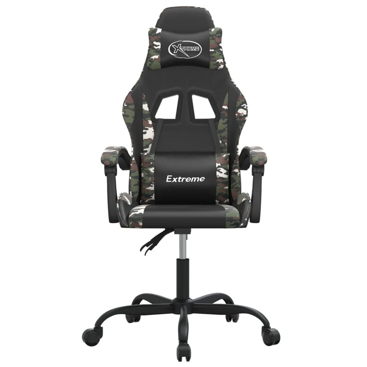Ein Gaming-Stuhl mit Tarnmuster. Er hat eine Kopfstütze mit 'Xtreme' und fünf Rädern.