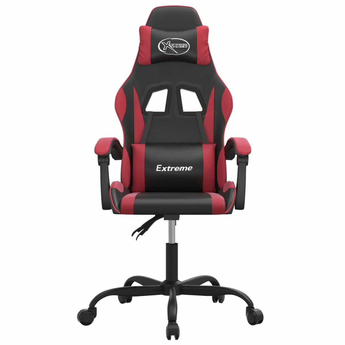 Gaming-Stuhl. Schwarz mit roten Details, einschließlich Kopfstütze, Armlehnen und Sitz. Schwarze Basis und Räder.
