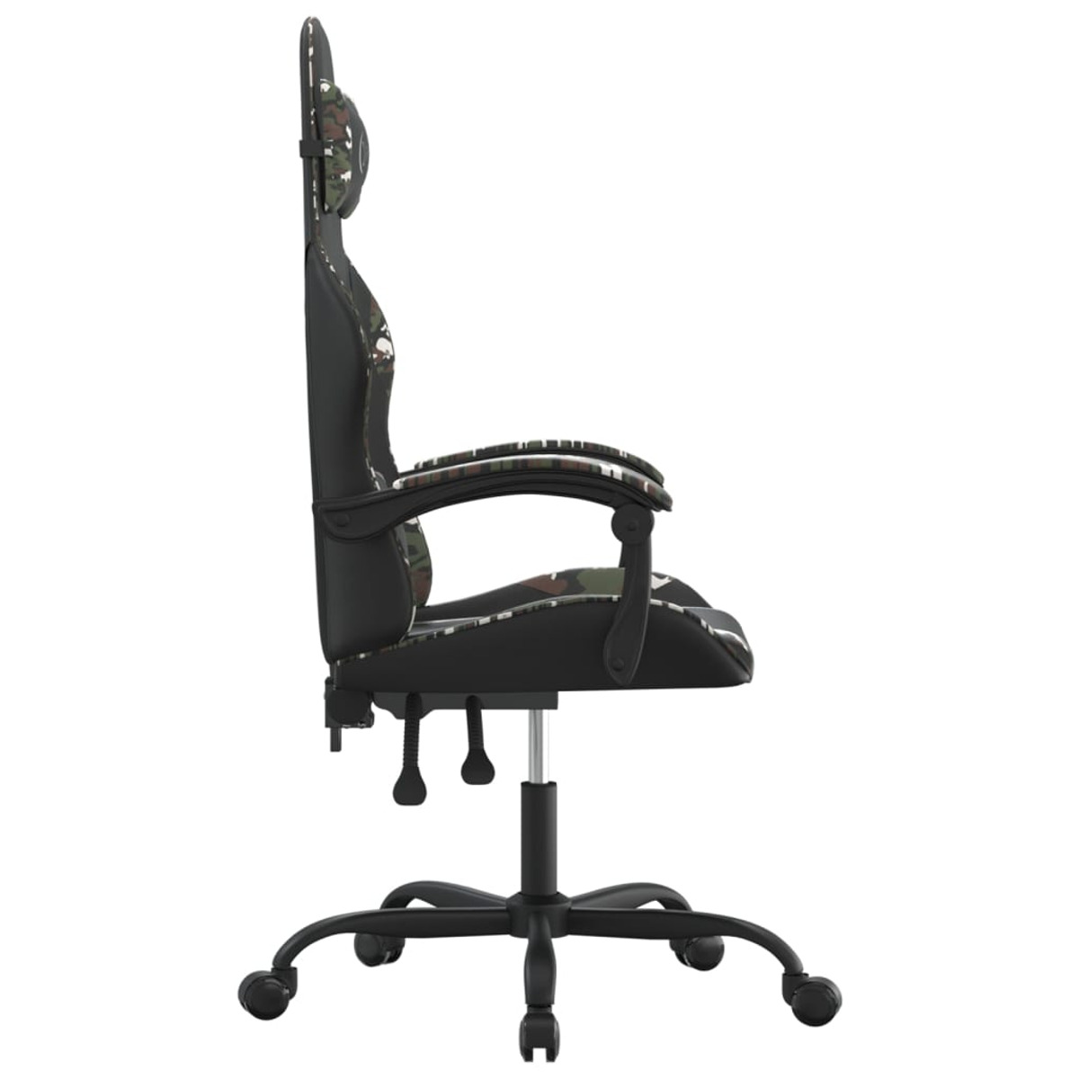 Seitenansicht eines Gaming-Stuhls mit Tarnmuster, schwarzer Rahmen.