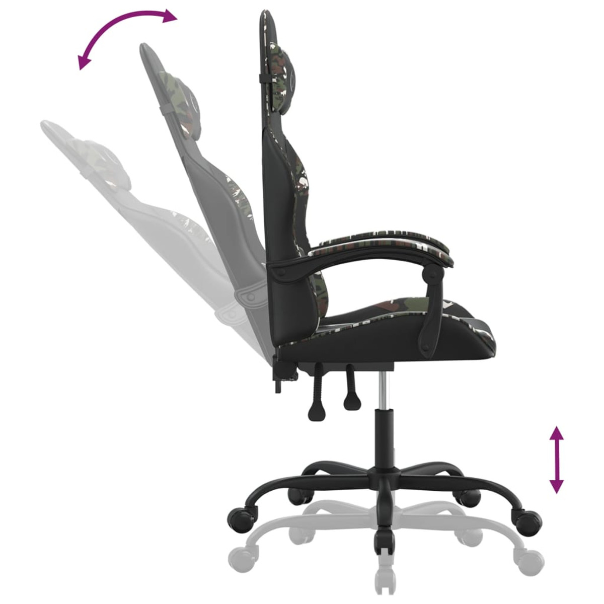 Tarnfarbener Gaming-Stuhl, Seitenansicht. Pfeile zeigen Anpassungsmöglichkeiten. Schwarze Basis und Armlehnen.