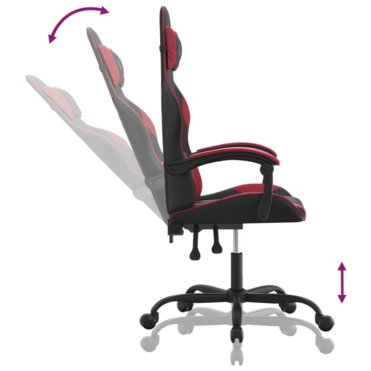 Seitenansicht eines rot-schwarzen Gaming-Stuhls. Er hat eine Kopfstütze, Armlehnen und Rollen.