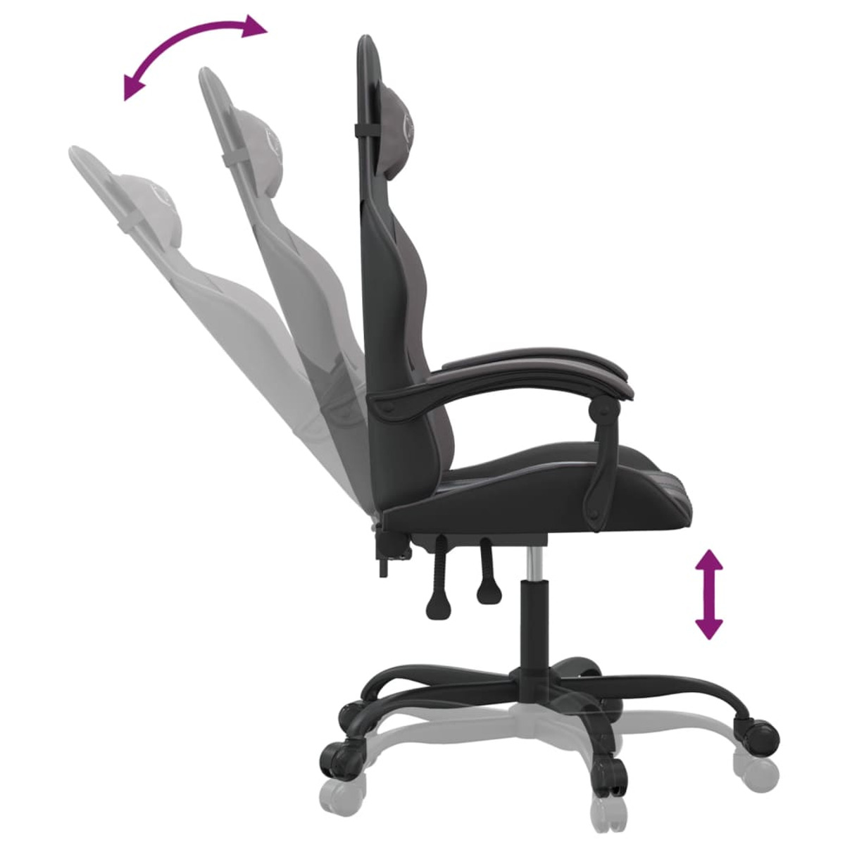 Schwarzer und grauer Gaming-Stuhl. Seitenansicht mit Pfeilen für Neigung und Höhe.